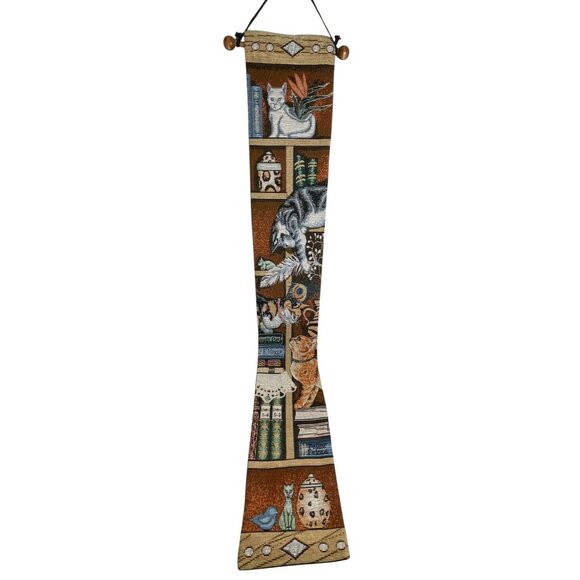 Vintage Cat Theme Woven Tapestry Wall Hanging 21" X 5.75" With Wooden Rod & Loop - Picture 2 of 9